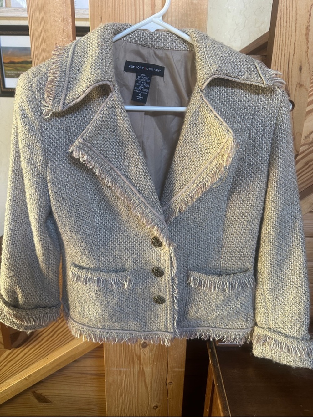 New York & Company Fringe-Trim Tweed Blazer in Beige